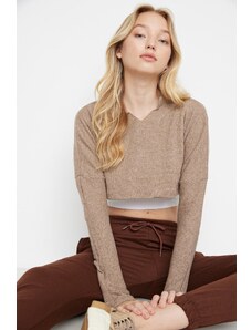 Trendyol Beige Super Crop Long Sleeve Knitted Look Knitted Blouse