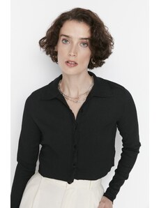 Trendyol Black Knitted Blouse with Buttons/Fitted Polo Neck Creme/Textured Crop