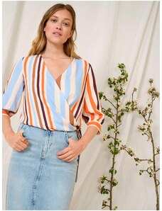 Orsay Blue-Orange Striped Wrap Blouse with Three-Quarter Sleeve - Women