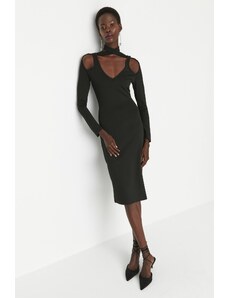 Trendyol Black Asymmetrical Collar Detailed Knitted Evening Dress
