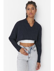 Trendyol Navy Blue Super Crop Long Sleeve Knitted Look Knitted Blouse