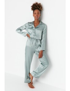 Trendyol Collection Šedý košeľový golier zo saténového tkaného pyžama