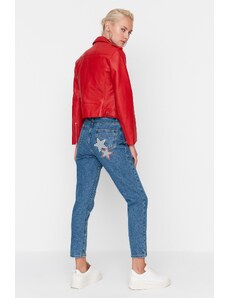 Trendyol Blue Star Patch detail s vysokým pásom Mom džínsy