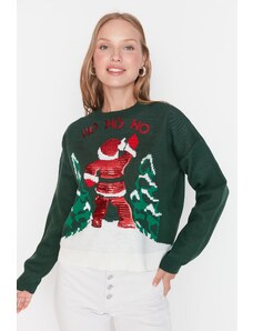 Trendyol Collection Pletený sveter so zeleným vzorom pre posádku okolo krku