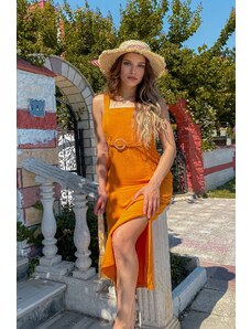 Trend Alaçatı Stili Dámske oranžové ľanové šaty s hrubým ramienkom s detailom spony na opasku a dvojitými rozparkami