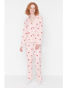 Trendyol Collection Ružová súprava košeľa-nohavice pletené pyžamá so vzorom srdca zo 100 % bavlny