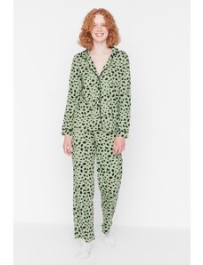 Trendyol Collection Mätová 100 % bavlna s leopardím vzorom súprava košeľa-nohavice pletené pyžamá