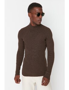 Trendyol Collection Hnedý vypasovaný Slim Fit sveter s polovičným rolákom s rebrovaným úpletom