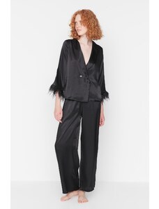 Trendyol Black Feather Detailed Satin Shirt-Pants Woven Pajama Set