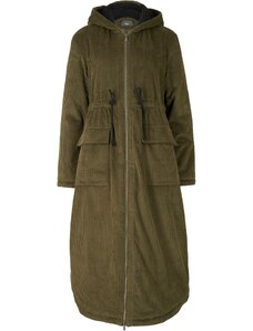 bonprix Široko strihaný kordový kabát s umlou kožušinkou na kapucni, so šnúrkou a veľkými vrekcami, farba zelená