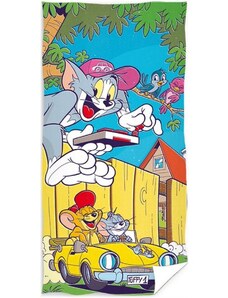 Carbotex Plážová osuška Tom a Jerry v žltom kabriolete - 100% bavlna, froté s gramážou 300 gr./m² - 70 x 140 cm