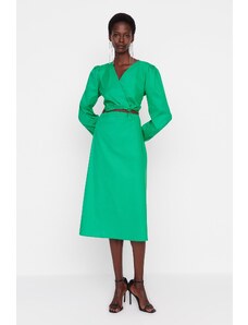 Trendyol Collection Zelené večerné popelínové šaty do pása