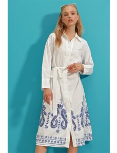 Trend Alaçatı Stili Dámske vyšívané popelínové košeľové šaty s bielou sukňou