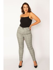 Şans Women's Plus Size Gray Checkered 5-Pocket Trousers