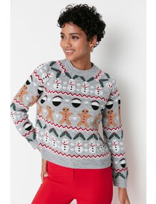 Trendyol Collection Sivý sveter s žakárovou tematikou na Nový rok