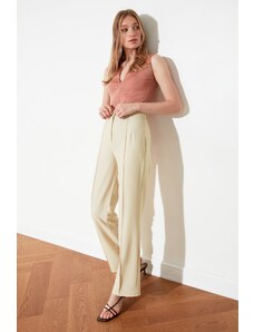 Trendyol Collection Béžové rovné, rebrované tkané nohavice s vysokým pásom