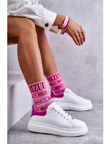 Kožené bielo-ružové sneakersy na platforme GOE