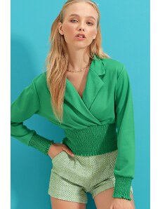 Trend Alaçatı Stili Dámska zelená košeľa s golierom v páse Gipeli krepová pletená blúzka