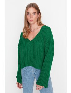 Trendyol Collection Zelený Wide Fit Crop Wool Základný pletený sveter