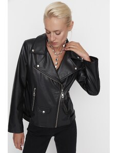 Trendyol Čierne oversized vrecko detailný kabát z motorkárskej bundy z umelej kože