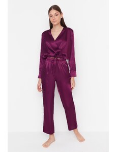Trendyol Collection Fialový dvojradový golier v páse podrobný saténový tkaný pyžamový set
