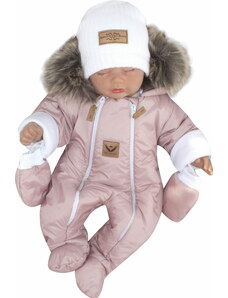Z&Z Zimná kombinéza s dvojitým zipsom, kapucňou a kožušinou + rukavičky, Angel - púdrový