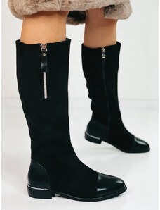 Webmoda Dámske semišové čižmy pod kolená ALEA - čierne so striebornými zipsami