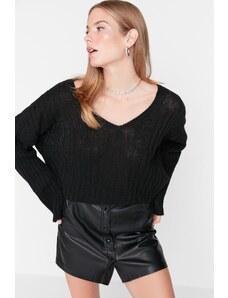 Trendyol Collection Čierny Wide Fit Crop Wool Základný pletený sveter