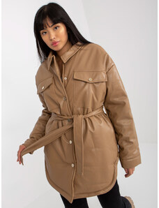 Basic Tmavo-béžová dámska kabátová bunda z eko kože