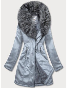 venusamoda (veľ. 46) Semišový kabát s odnímateľným kožušinovým golierom sivý