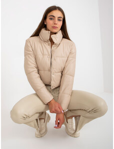 Fashionhunters Beige short down jacket made of eco-leather with stitching