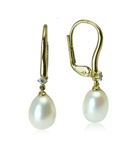 Goldie Zlaté náušnice so sladkovodnou perlou a diamantmi