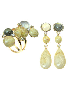 Goldie Diamantový set Moraglione 1922 náušníc a prsteňa s fosílnym koralom, rutile quartzom, perleťou a ónyxom