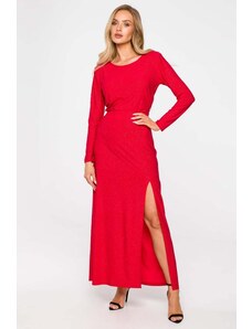 MOE Červené dlhé trblietavé šaty s ramennými vypchávkami M719