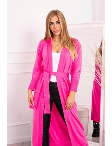 MladaModa Dlhý kardigánový sveter so zaväzovaním v páse model 2021-17 neónovo ružový