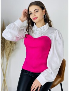 Webmoda Dámsky svetrík - košeľa s balónovými rukávmi a kamienkami - ružový