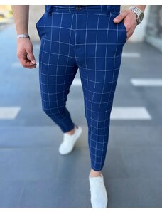 Fashionformen Kárované pánske elegantné nohavice modré DJP63