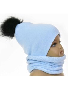 Detský komplet čiapka s bmbolcom a tunelový šál svetlo modrá