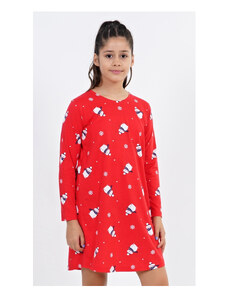 Vienetta Secret Detská nočná košeľa s dlhým rukávom Snehuljaci, farba červená, 100% bavlna