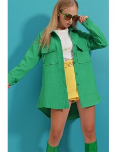 Trend Alaçatı Stili Dámska zelená dvojvrecková prešívaná vzorovaná pravidelná bunda