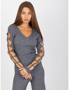 Basic Štýlový rebrovaný tmavo-sivý sveter s výrezmi na rukávoch