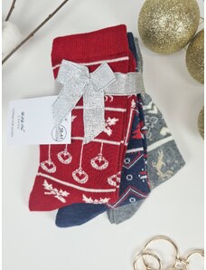 Set 3 vianočných dámskych ponožiek - bordová