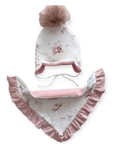 ZuMa Style Detská čiapka, šatka a rukavice - dievčenský set zateplený kvet Ecri - 0-6 mesiacov