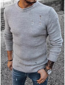 Buďchlap Svetlošedý pletený sveter s módnymi dierami