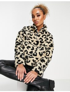 Urban Classics 1/4 zip sherpa fleece in leopard print-Multi