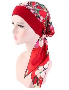 Šatka na hlavu - červená s kvetmi
