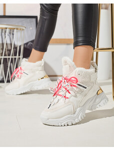 MSMG Biele dámske športové tenisky s kožušinou a neónovo ružovými šnúrkami Sagglo- Obuv - Neon || Růžový || Bílý