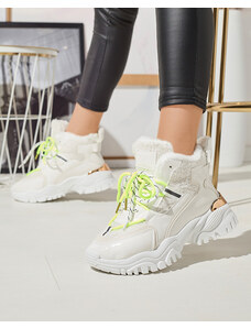 MSMG Biele dámske športové tenisky s kožušinou a neónovo zelenými šnúrkami Sagglo- Footwear - Neon || ziel || Bílý
