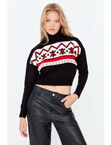 Trendyol Čierna vianočná téma vzorovaný crop pletený sveter