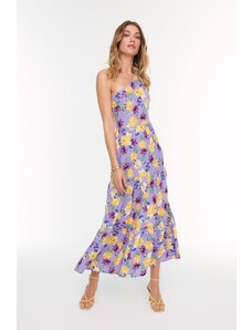 Trendyol Fialové tkané šaty s jedným rukávom s kvetinovým vzorom